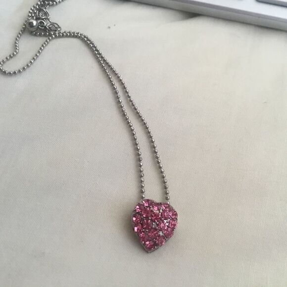 Silvertone Pink Crystals Heart Necklace - Picture 2 of 5
